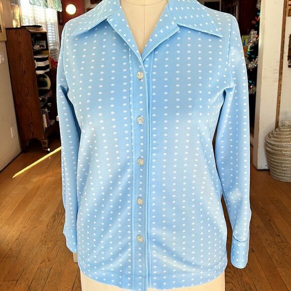 Groovy 70s 200% Poly Tunic Length Shirt Iridescent Buttons. Brady Bunch Vibe - Picture 2 of 16